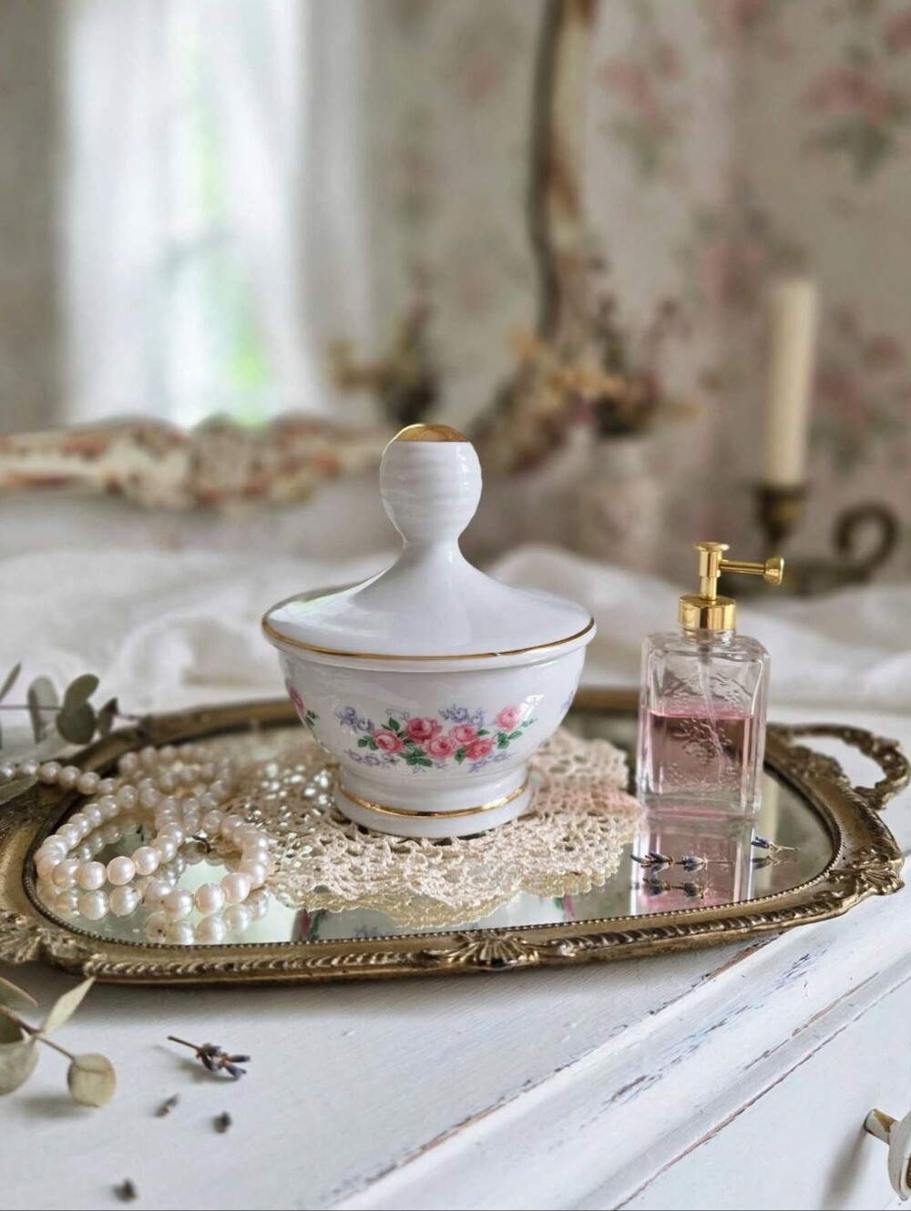 Vintage Sanbo Valencia Spain Porcelain Floral Trinket Box Lidded Bowl